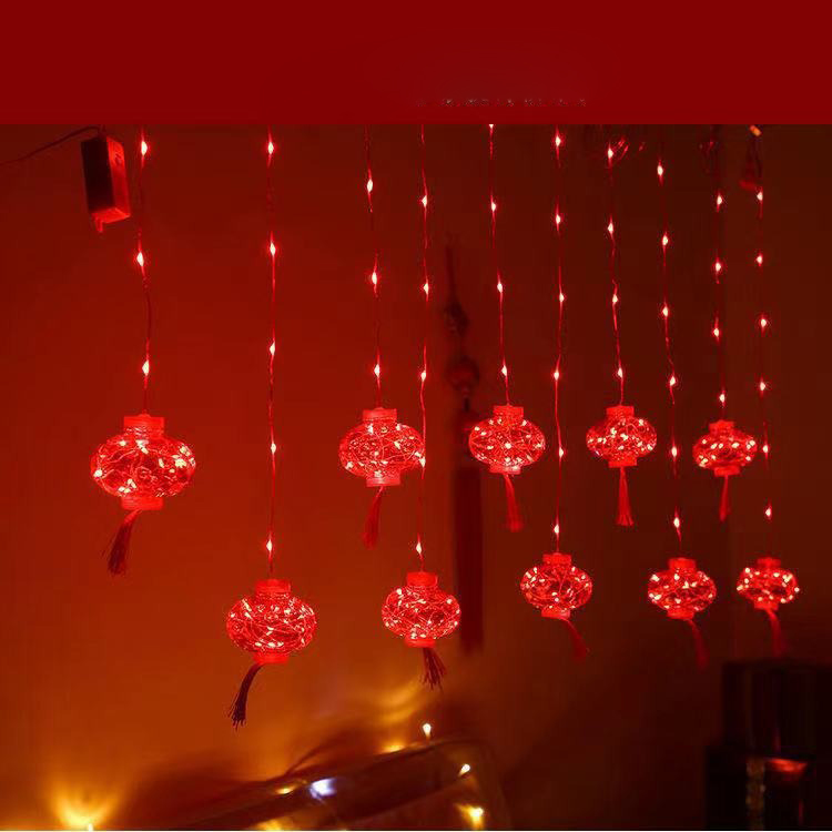 Festive Red LED Lantern-Shaped Curtain Lights for Family Celebrations