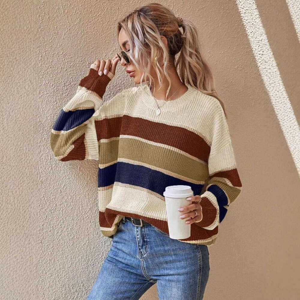 European American Foreign Trade And Winter Round Neck Sweater Women's Lazy Loose Classic Striped Long Sleeved Clothes Autumn Women