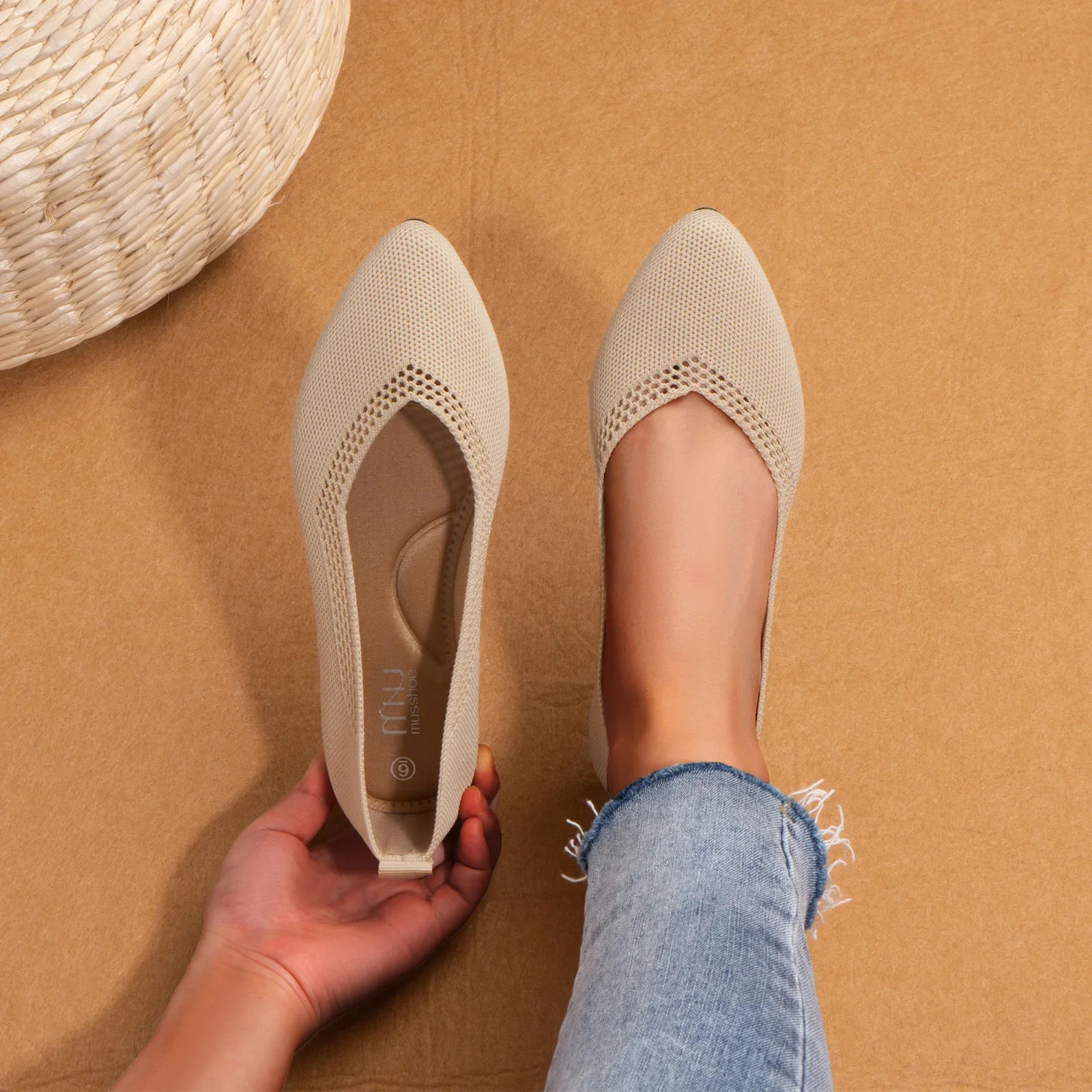 Samilor Fly Woven Flat Shoes Womens Pointed Toe Breathable Ballet Flat Shoes Shallow Mouth Slip on Loafers Knitted Elastic Moccasins 241213