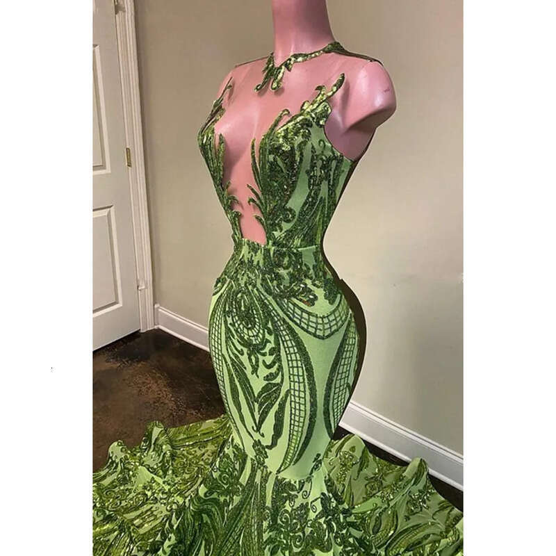 Sparkly Prom Dresses Sequins Lace Long Mermaid African Olive Green Graduation Party Dress Black Girls Plus Size Formal Evening Wear Gowns