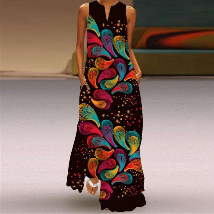 2021 summer sleeveless long skirt V-neck printed emerald wer dress European and American women's 2024 new casual versatile fashion clothing
