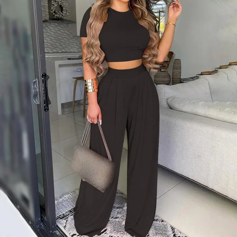 Summer elegant womens twopiece fashionable Oneck ultrathin top and wide leg pants set suitable for casual floral print outfits 241212