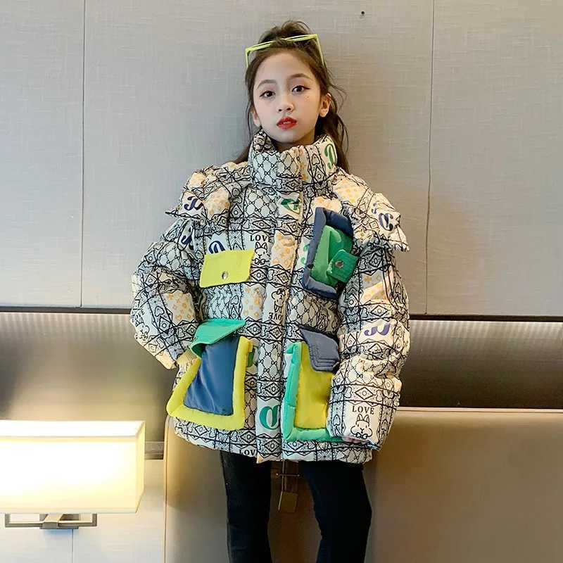 Winter Junior Girls Parkas Cotton Padded Printed Patchwork Toddler Kids Girl Outerwear Loose Contrast Pockets Baby Girls JacketsXJ241214