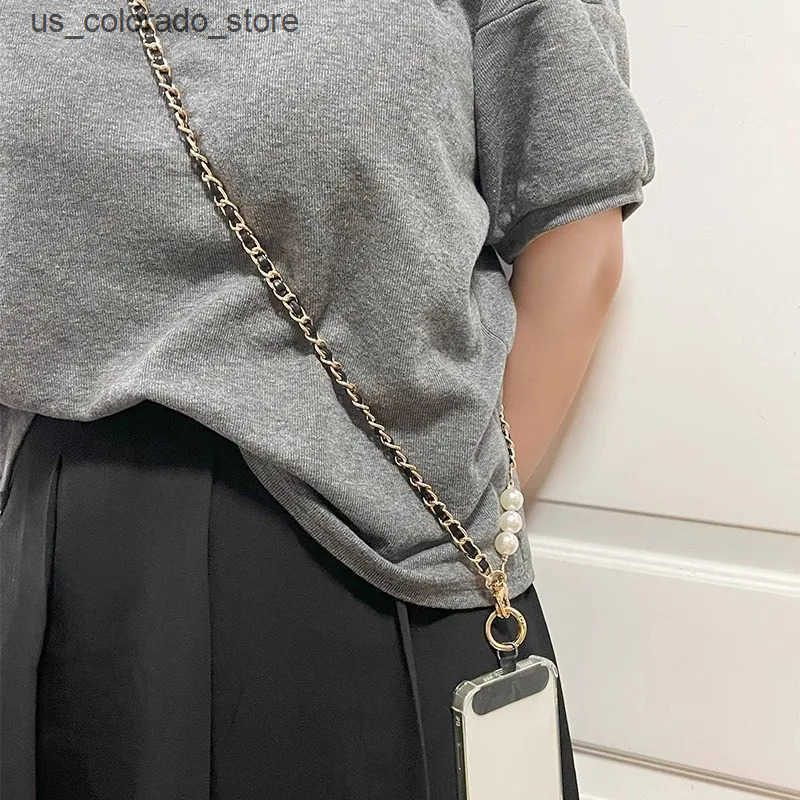 Cell Phone Cases Phone Lanyard Womens Long Leather Woven Metal Chain With Pearl Phone Case Universal Phone Lanyard Diagonal Cross Bag Decoration L2409