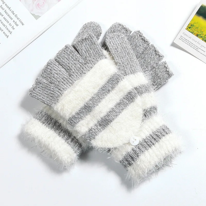 COKK Womens Fingerless Gloves Cute Artificial Rabbit Fur Striped Knitted Winter Warm Hand 241212