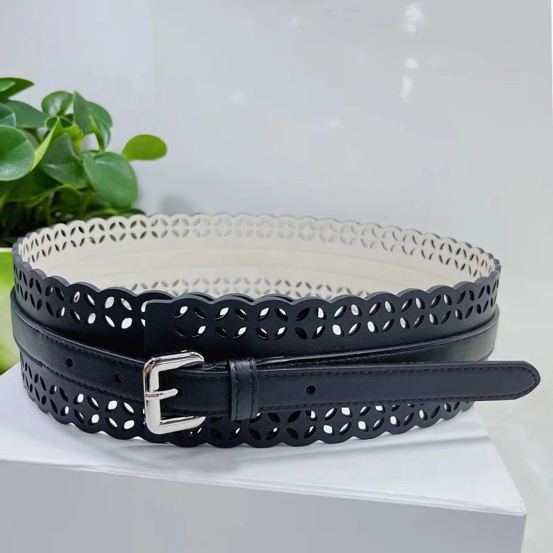 Bohemian style openwork waist seal ethnic style genuine leather wide silver buckle belt womens laser cut pattern 241216
