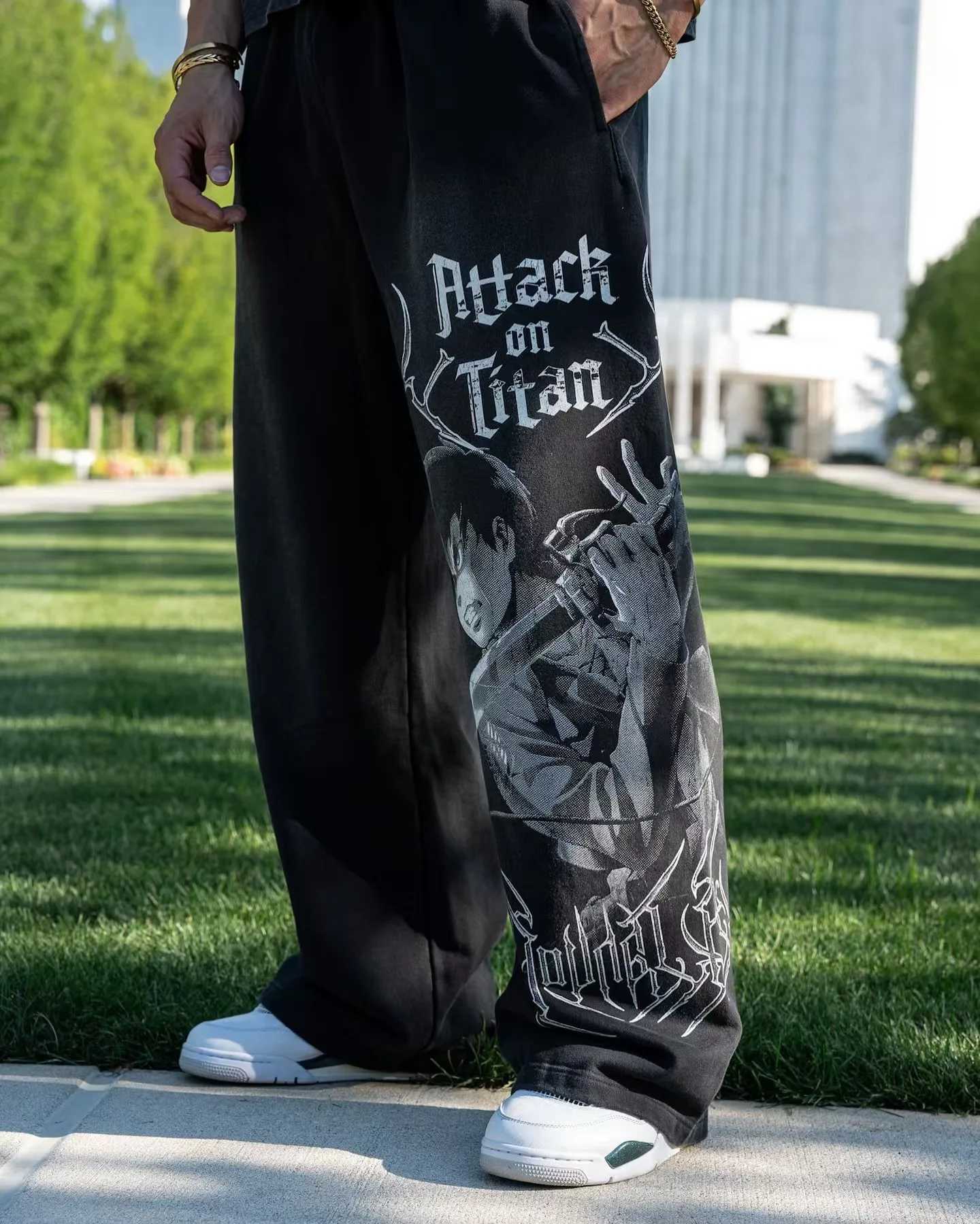 Young American trendy sweatpants collaboration anime joggers cotton terry print wide-leg casual pants hip-hop street pants X2503191