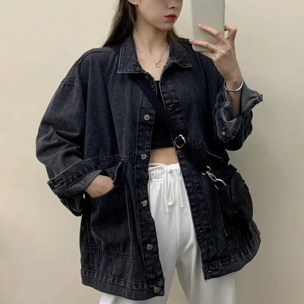 Womens jacket washed denim single breasted open button warm long sleeved shirt lapel womens coat clothing 241211