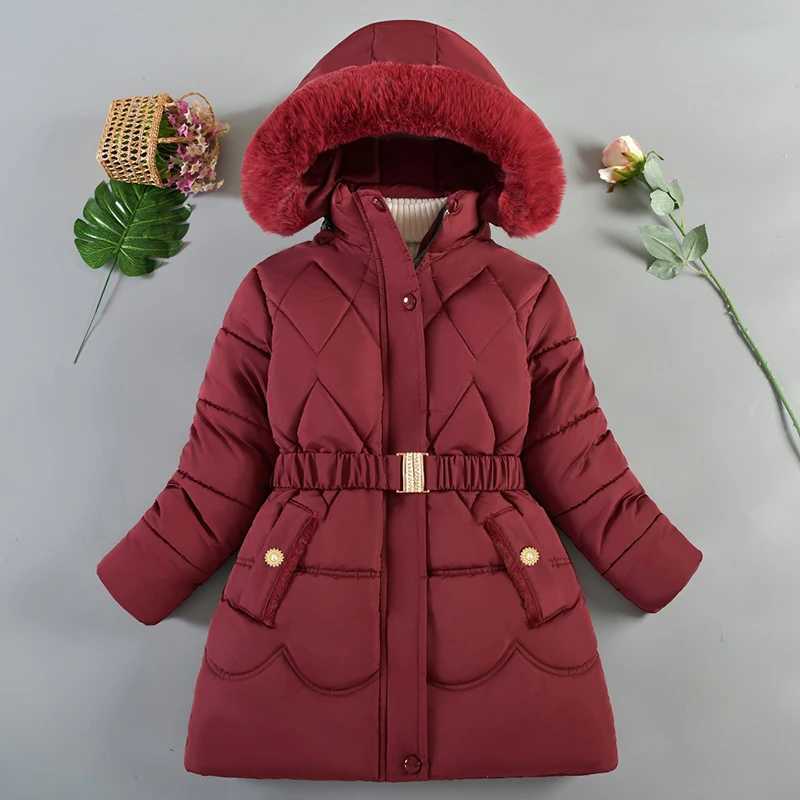New Winter Keep Warm Girls Jacket Thick Solid Color Fur Collar Hooded Parkas Coat For 4-10 Years Kids Children Outdoor OuterwearXJ241214