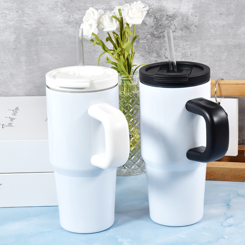 14oz sublimation white kids tumbler with sealing lid handle straw stainless steel vacuum insulated children water bottle student outdoor camping cup