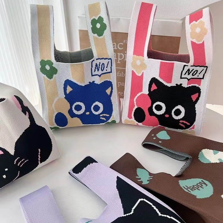 Korean Knitted Bag Cute Cat Tote Bag for Women's Daily Travel Portable Large Capacity Handbag