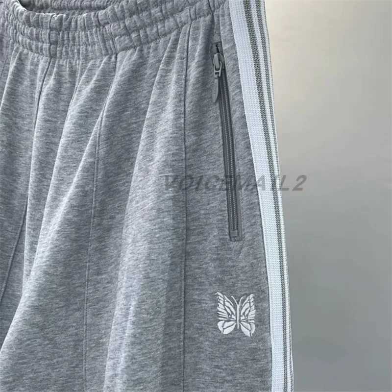 25SS Butterfly Embroidered AWGE Wide Leg Pants Mens and Womens Jogging Drawstring Pants Grey Pure Cotton looped striped Sports Pants X241216