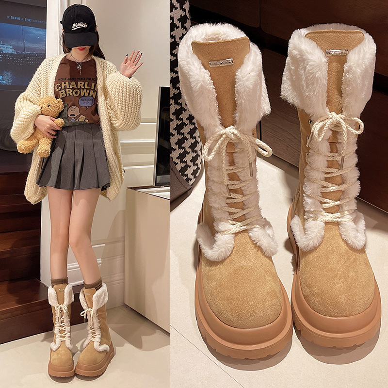 2025 winter new all-in-one thick sole warm and fluffy fashion snow boots women's mid-tube woolen hot cotton shoes super fire ootd