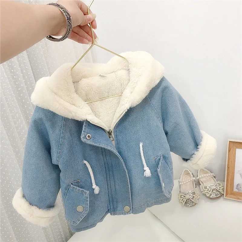 Korean childrens clothing winter girls rabbit ears velvet thick denim jacket baby rabbit fur warm windbreakerXJ241214