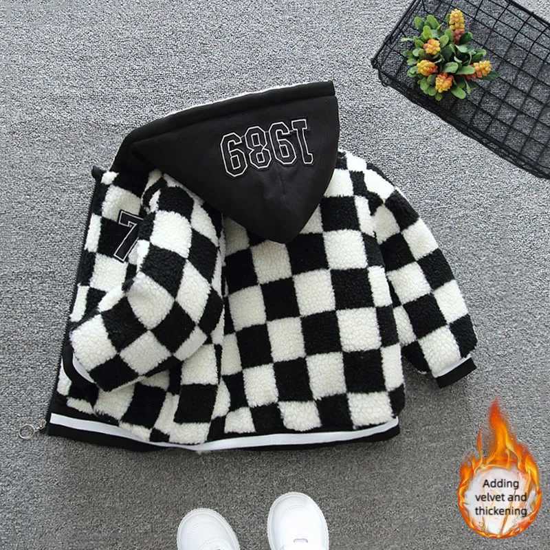 2024 Winter Boys Casual Checkered Hoodie with Zipper Pocket Printed Coat Childrens Coat Thickened 1-5 Years OldXJ241214