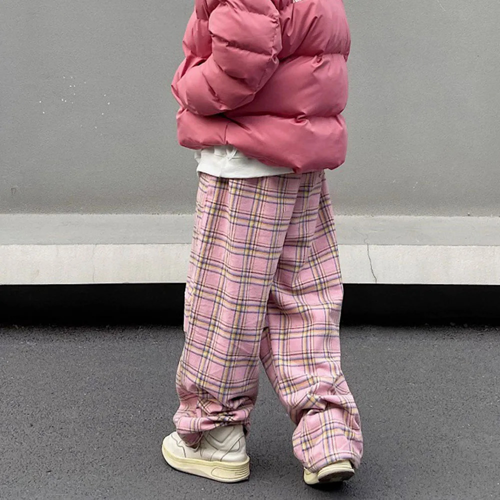 Mens Pink Vintage Oversized Plaid Pants Summer Baggy Wide Leg Pants Drawstring Y2K Streetwear Trousers Japanese Korean Clothes 241214