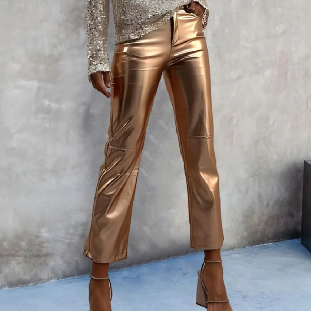 Womens metal straight leg PU pants artificial leather mid waist zipper breathable club party womens ninth pair of 241212