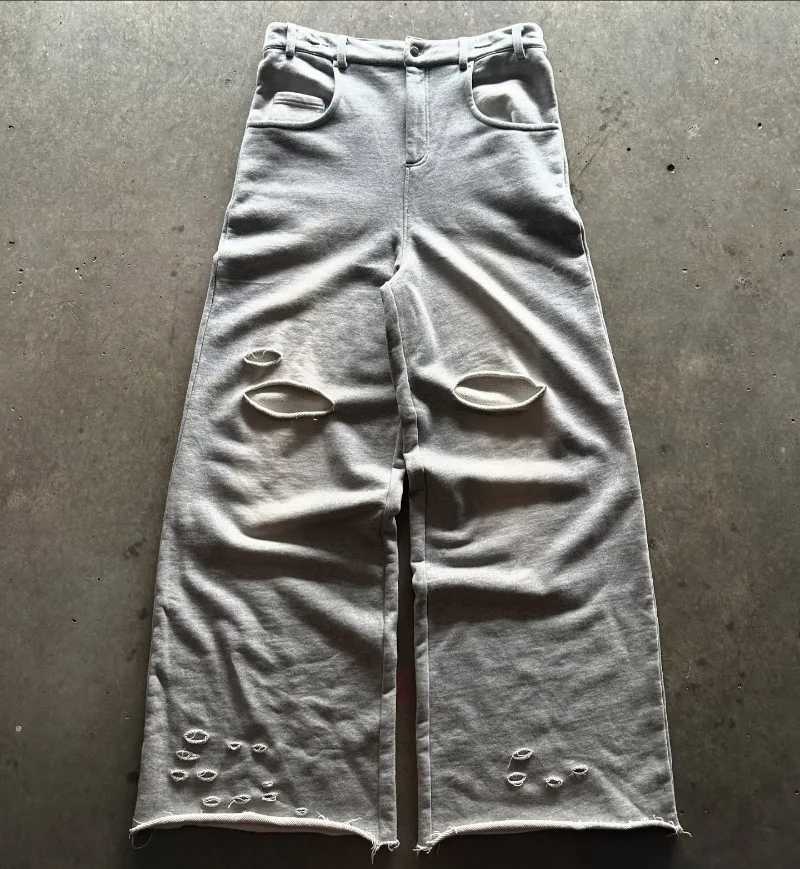 Y2k Streetwear men baggy pants Hip Hop high street fashion hole wide leg pants Punk Harajuku trend brand casual sweatpants X241216