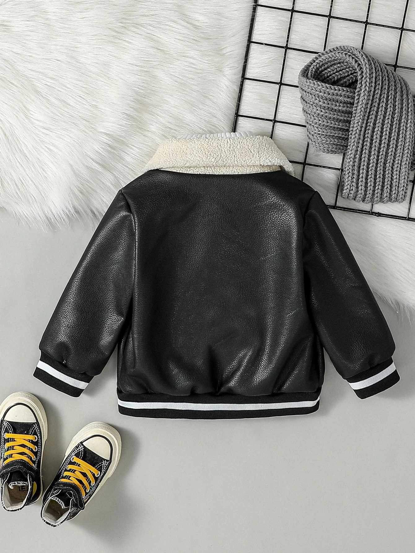 2024 Baby Boys New Outdoor Leisure Windproof Pu Jacket With Pocket Autumn Winter Plus Fleece Thickened Leather Fashion JacketXJ241214
