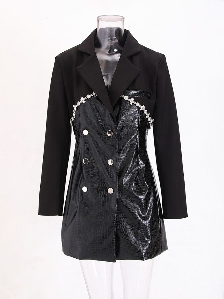 Streetwear Black Dia Patchwork Notched PU Leather Blazer Fashion Slim Fit Mid Long Suit Jacket Autumn New Tide