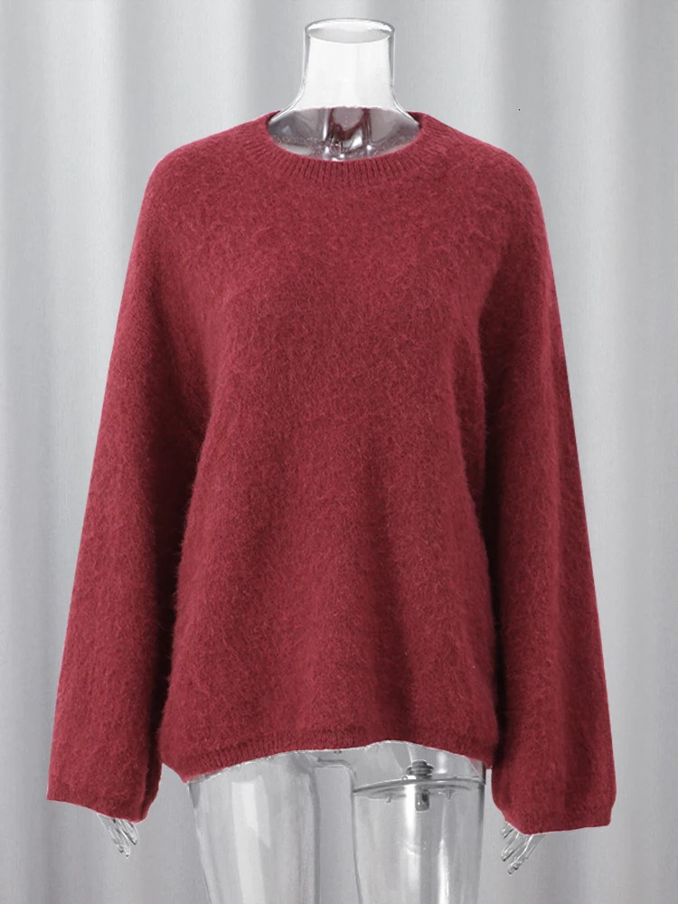 Autumn Vintage Oneck Solid Color Womens Sweater Casual Long Sleeve Loose Pulling 2024 Minimalist Style High Street Dress 241211