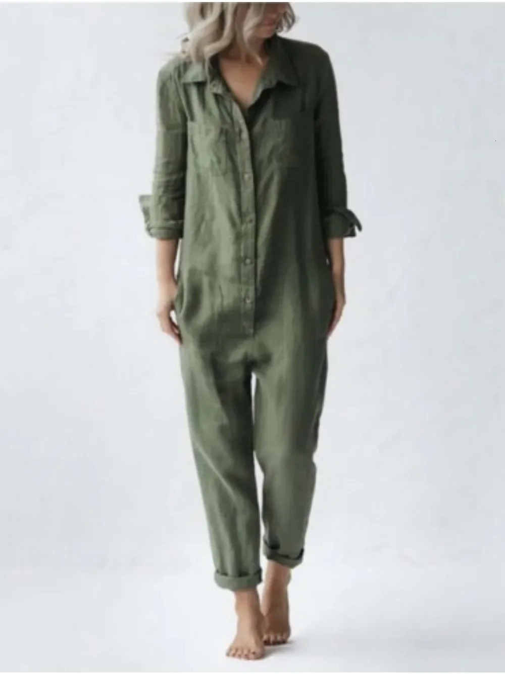 Cotton Jumpsuit Sexy Vintage Romper Women Slim Bodycon Jumpsuits Long Sleeve Streetwear Green Y2k Casual Cargo Pants 241214