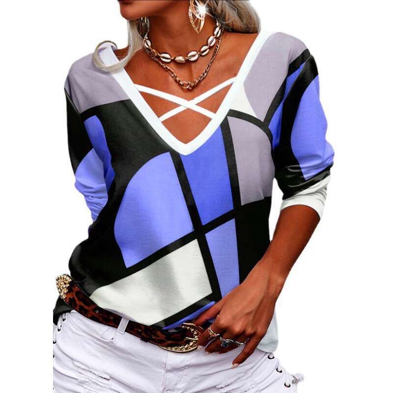 autumn European and American long sleeved loose V-neck cross geometric printed T-shirt women's 2024 new casual versatile fashion clothing