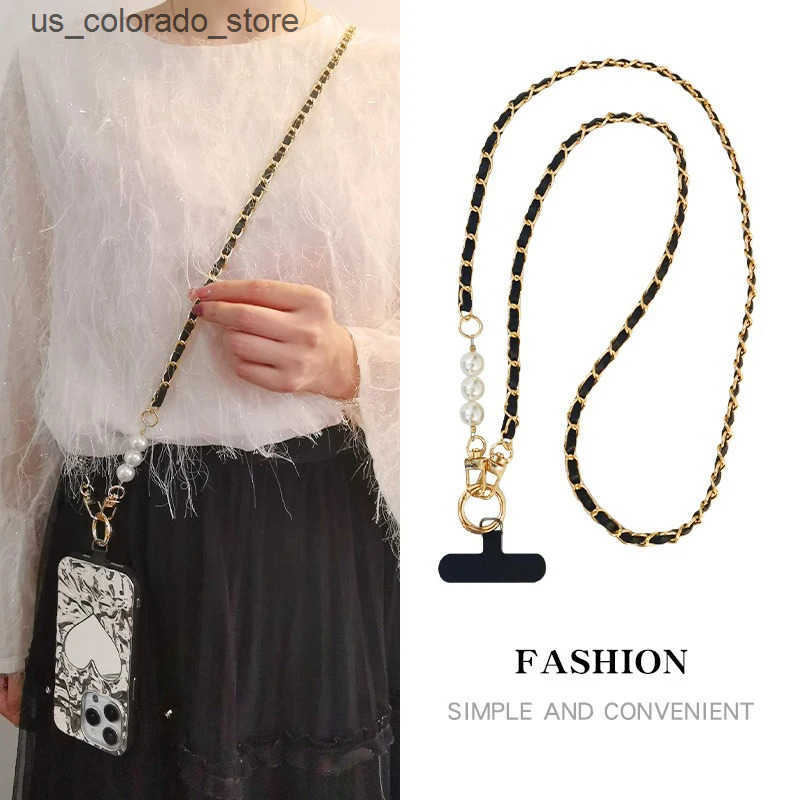 Cell Phone Cases Phone Lanyard Womens Long Leather Woven Metal Chain With Pearl Phone Case Universal Phone Lanyard Diagonal Cross Bag Decoration L2409