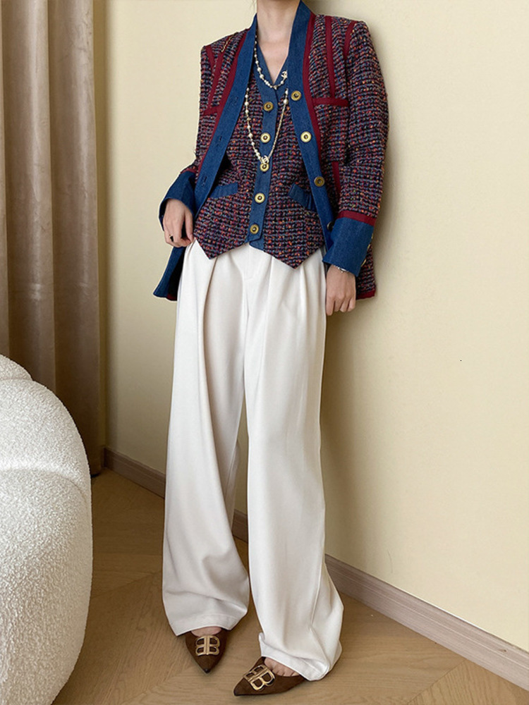 Vintage Women's Tweed V-Neck Loose All Match Jacket Vest Elegant Two-Piece Set Spring Autumn 3A9936