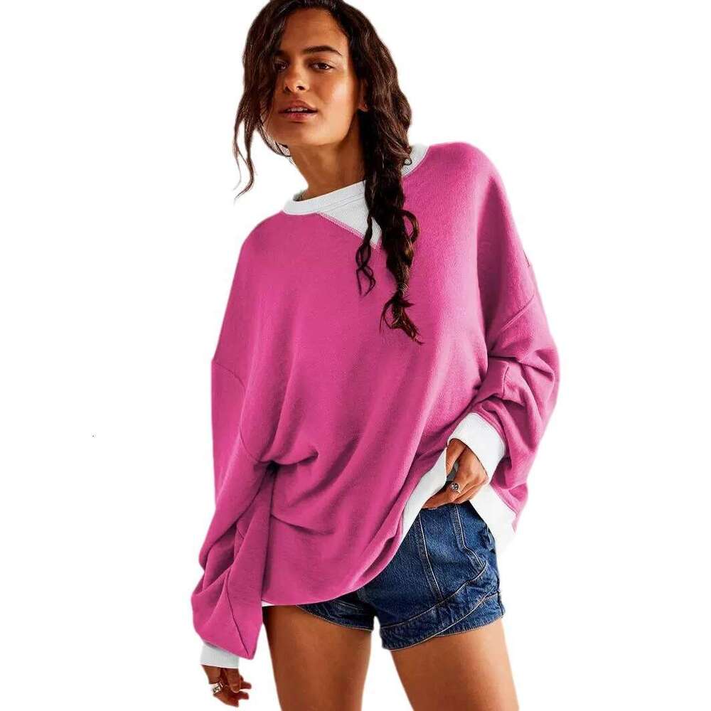 Street Style Contrasting Color Thread Long Sleeved Top, Loose Trendy Brand Off Shoulder Round Neck Hoodie Jacket, Women's Spring And Autumn Fashi