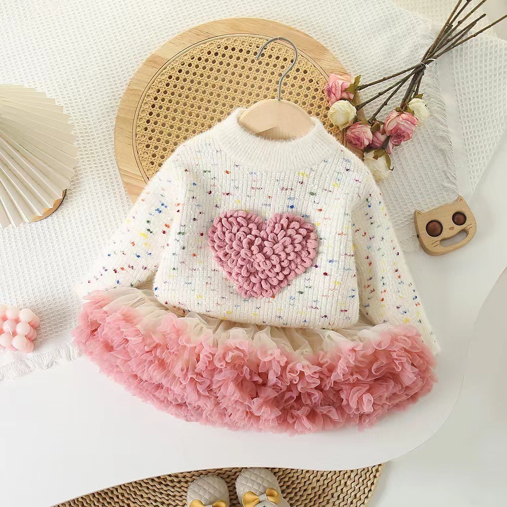 Girls Sweater Round Neck Knitted Base Sweater Love Color Sweet Plush Thick Childrens Knitted Sweater 220326