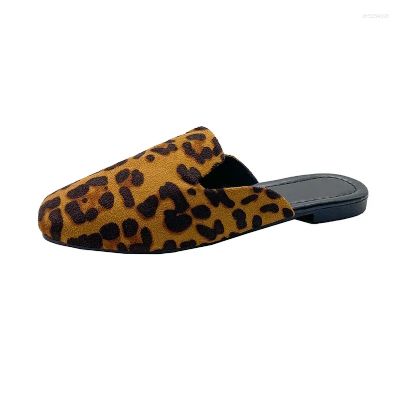 Slippers Leopard Women Mules Shoes Flats Suede Summer 2024 Square Toe Designer Outdoor Sandals atos Mujer Slides