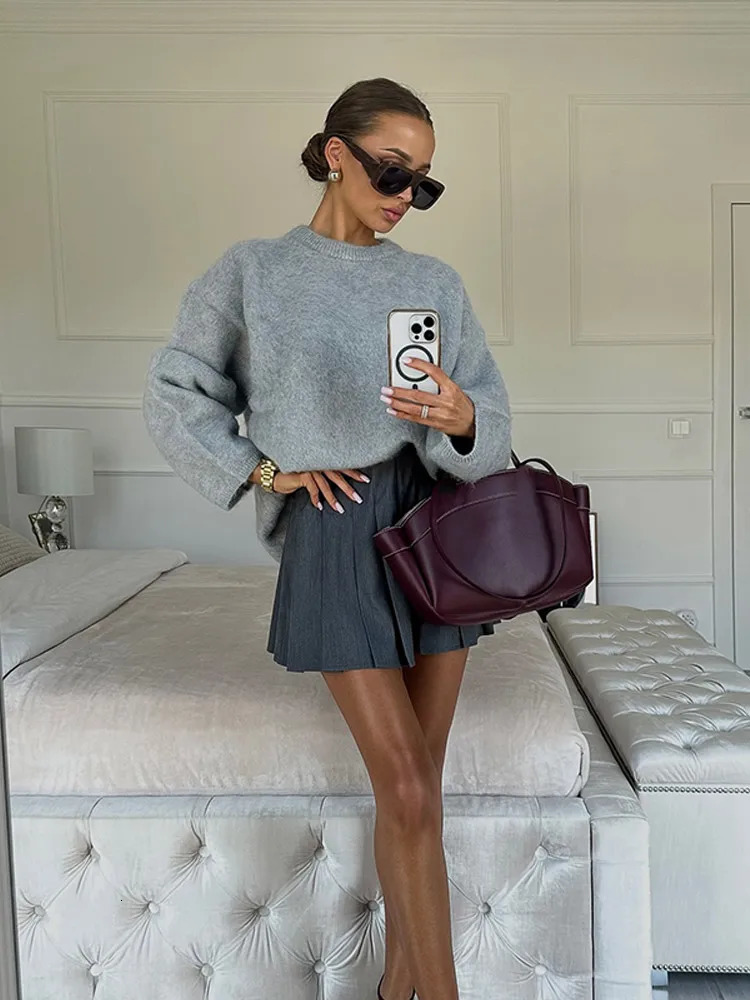 Casual Rose Pink Womens Oneck Knitted Floral Fashion Long Lantern Sleeve Loose Solid Sweater 2024 Basic Daily Jumper 241211