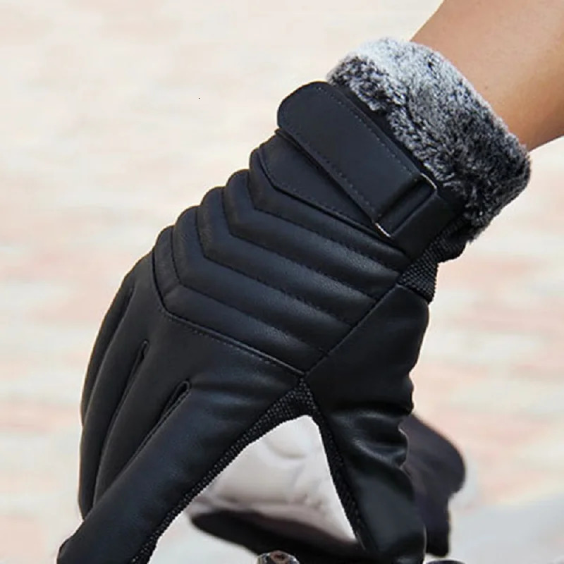 1 pair of mens touch screen gloves winter warm five finger wrist cut wool thick Pu leather outdoor bicycle 241212