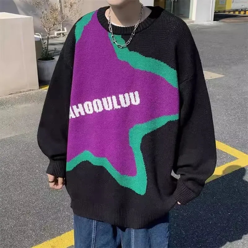 Haruku Patchwork Sweater For Men Oversized Knitted Pullover With Letter Embroidery - Streetwear Style