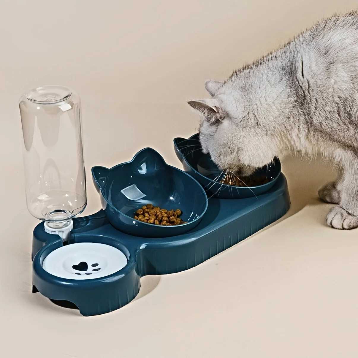 Cat Feeders Pet Bowls With Water Feeder 3 In 1 Ear Design Tilted Cat Water And Food Bowl Set With Gravity Water Bottle For Neck Protection z241213