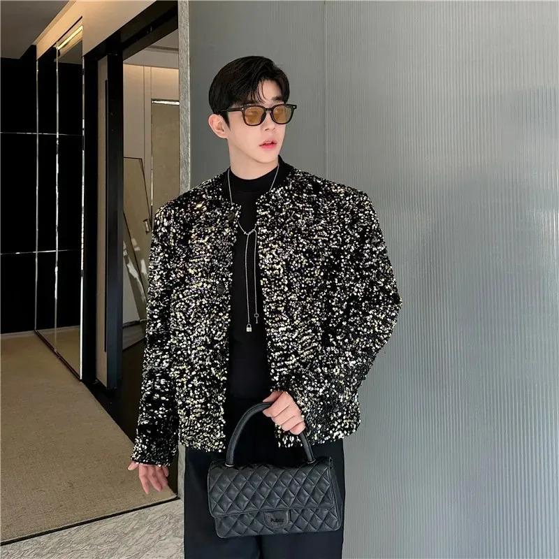 Fall Korean Style fashion short jacket sequin stage display collarless mens special edition 241209