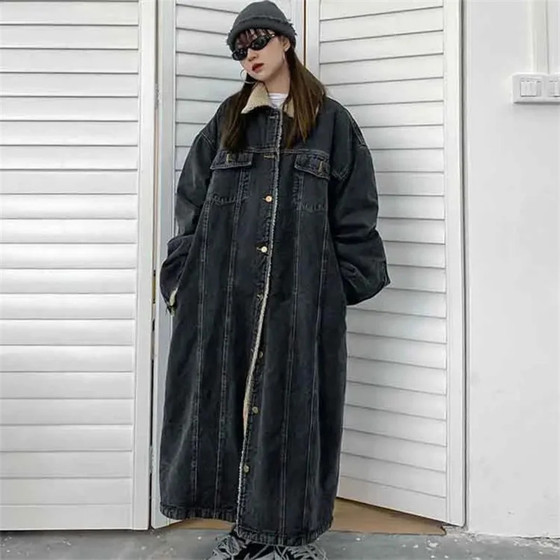 Winter cashmere denim coat womens medium to long Korean version loose and fashionable commuting show thin thick warm cotton 241211