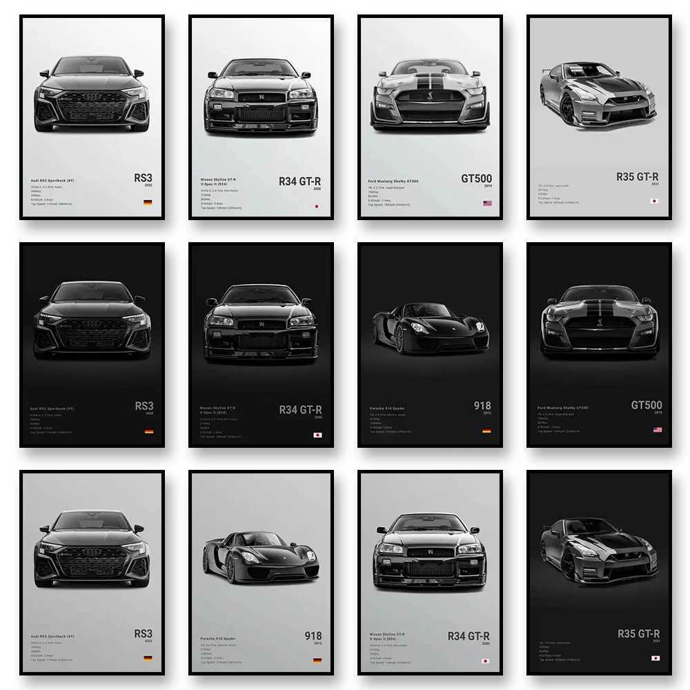 High Quality Famous car RS3 918 F40 canvas wall art printing poster GT500 decorative painting home decoration car lover gift frameless T241216