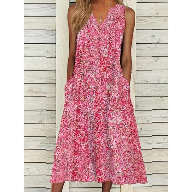 European and American summer digital print V-neck ral long loose sleeveless women's dress 2024 new casual versatile fashion clothing