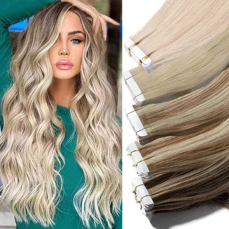 Invisible Seamless Tape In Hair Extensions Real Human Hair Ash Blonde Highlights 16-26 Inch Injection Hair Extensions Tape InsXJ241216