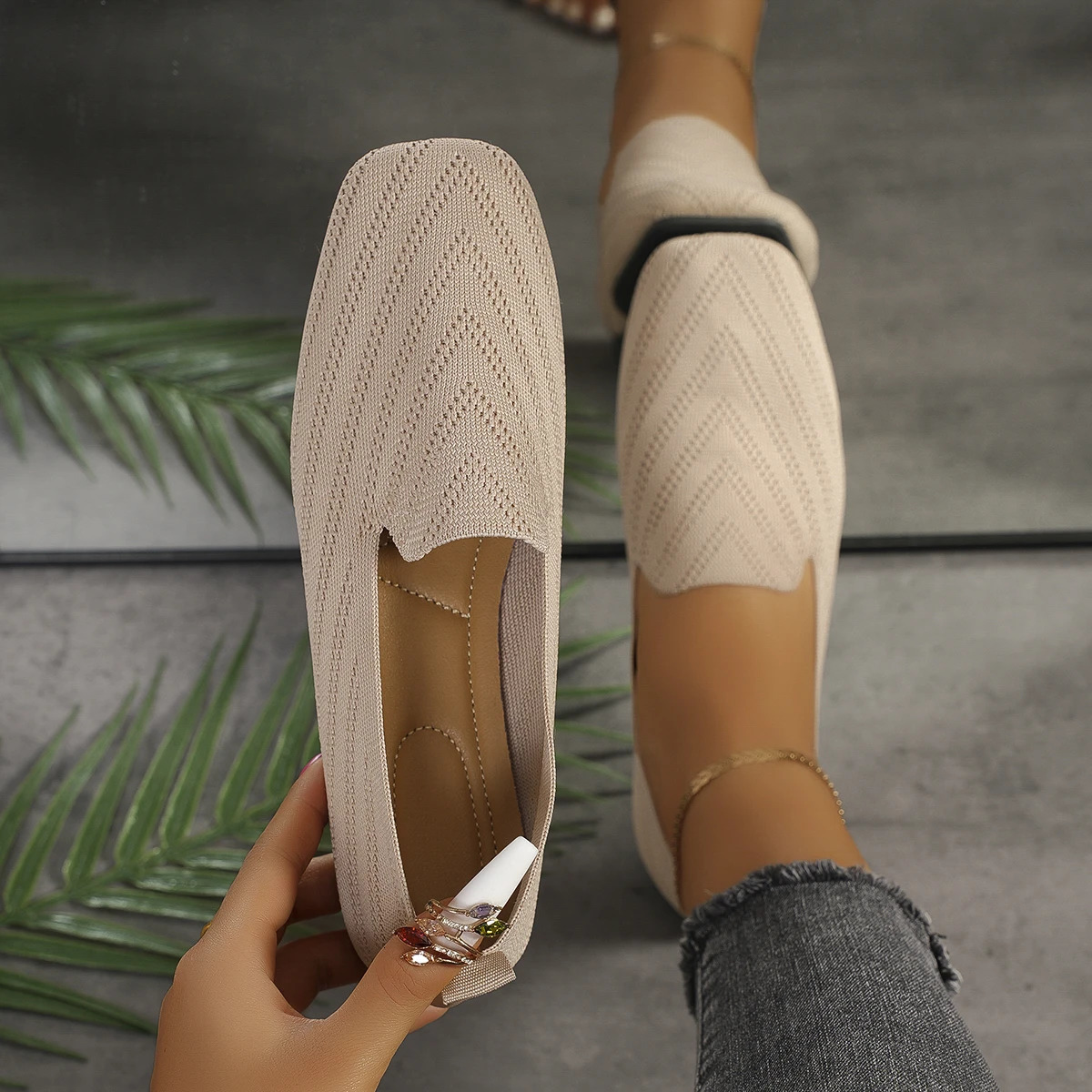 Women Flats Shoes Pointed Toe Solid Knitted Slip on Loafers Spring Casual Breathable Ballet Sneakers Mesh Breathable Flats Shoes 241213