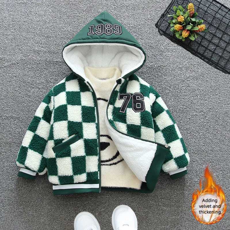2024 Winter Boys Casual Checkered Hoodie with Zipper Pocket Printed Coat Childrens Coat Thickened 1-5 Years OldXJ241214