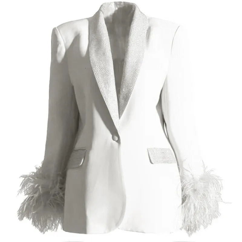 Fashion Splicing Feather Women Blazers Pant Sets Casual Single Button Long Sleeve Loose Jacket Coat Female Solid Blazer Top 2930 241214