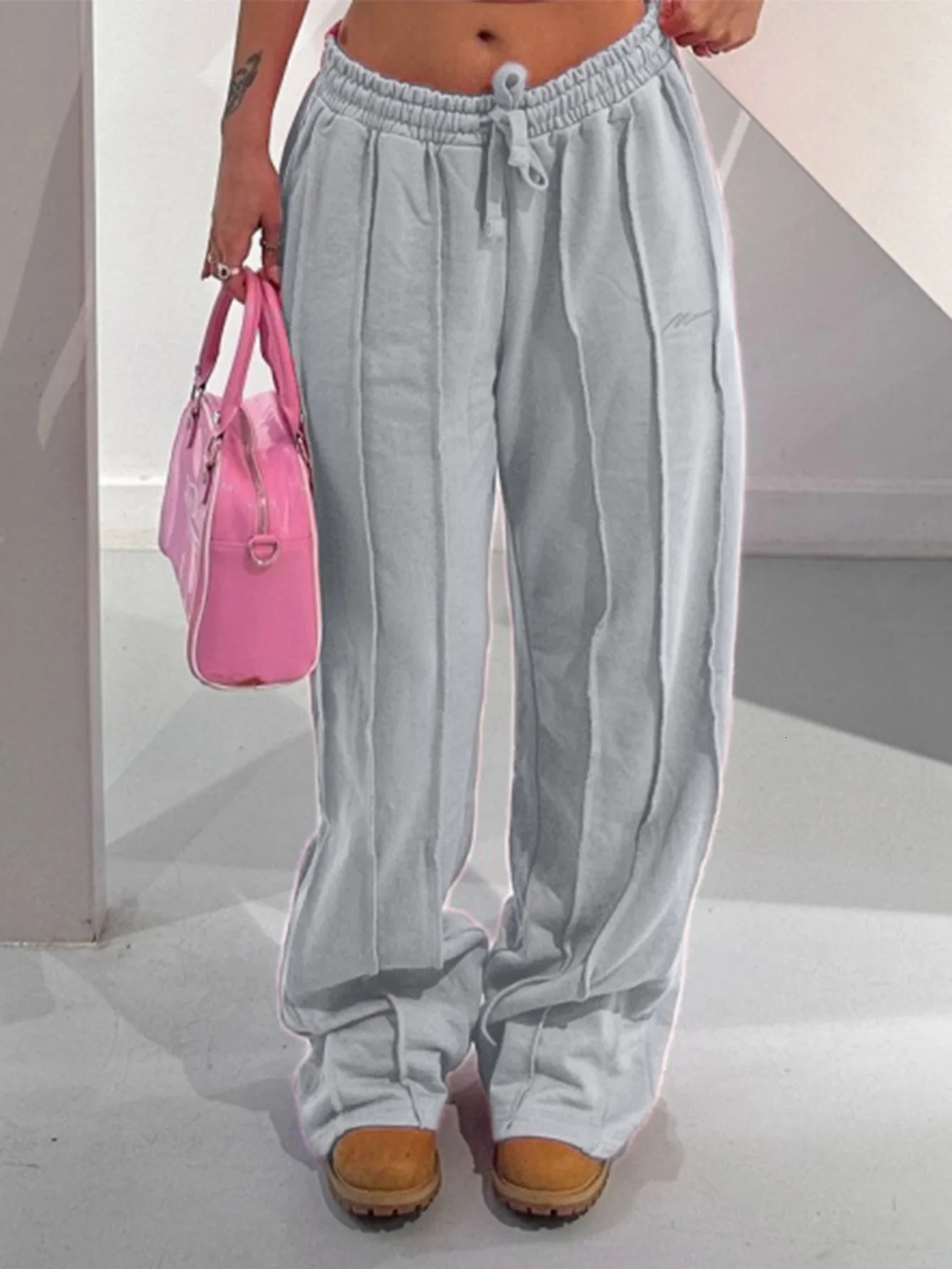 Womens Y2k elastic brushed straight leg pants casual high waisted wide lounge sports street Trousers 2024 241212