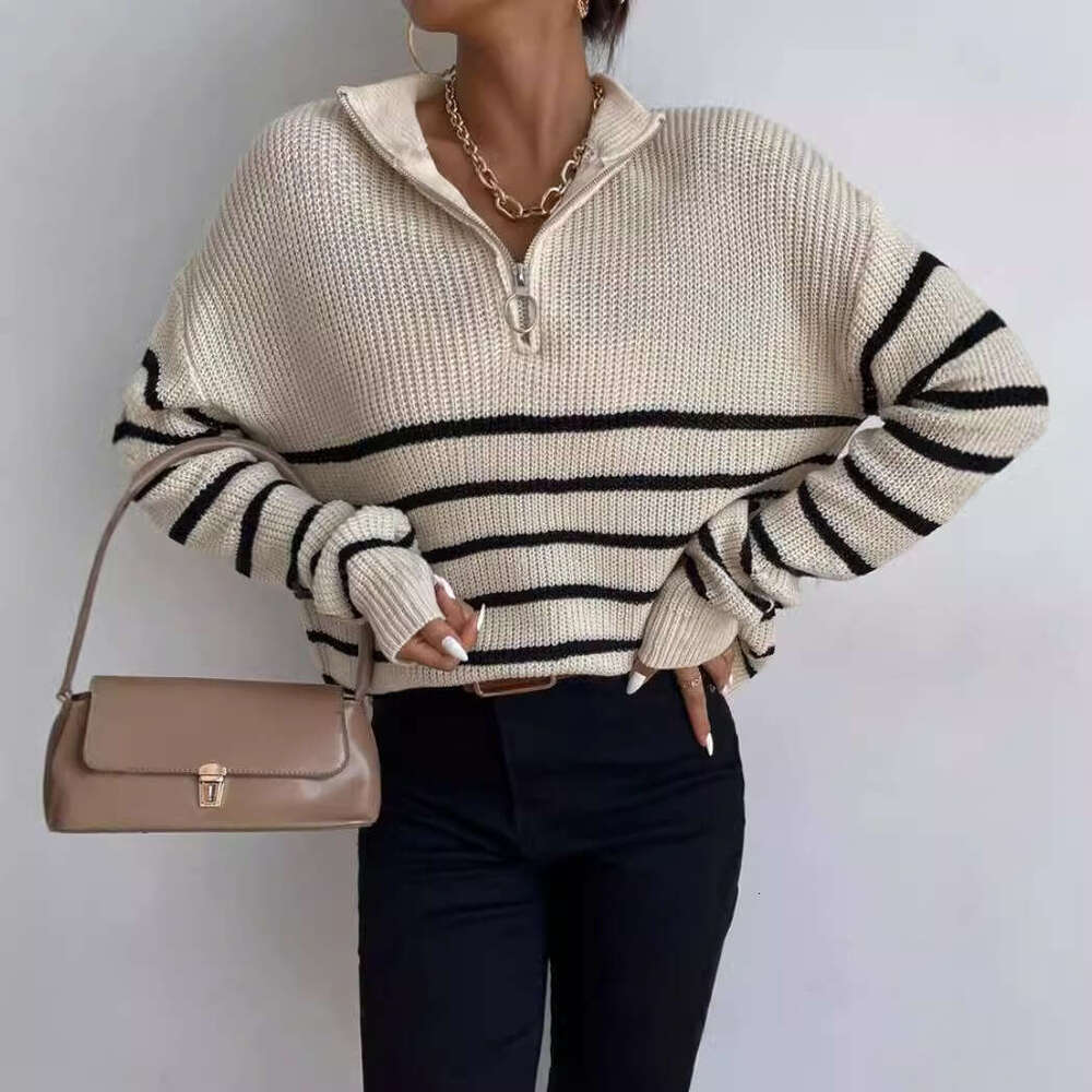 Foreign Trade Sweaters, Pullovers, Half Zipper Striped Long Sleeved Knitwear, Loose Fitting Tops, Women's Fashionable Quality, Classic