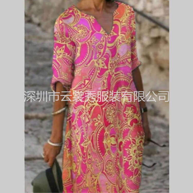 2020 summer print loose washed cotton floral short sleeved women's artistic round neck five quarter sleeve 2024 new casual versatile fashion clot