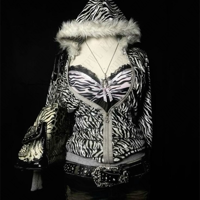 90s Zebra Printed Harajuku Punk Gothic Zipper Hoodie for Women Y2K Sexy Slim American Retro Fur Hip Hop Garbage Fashion Womens Top 241214