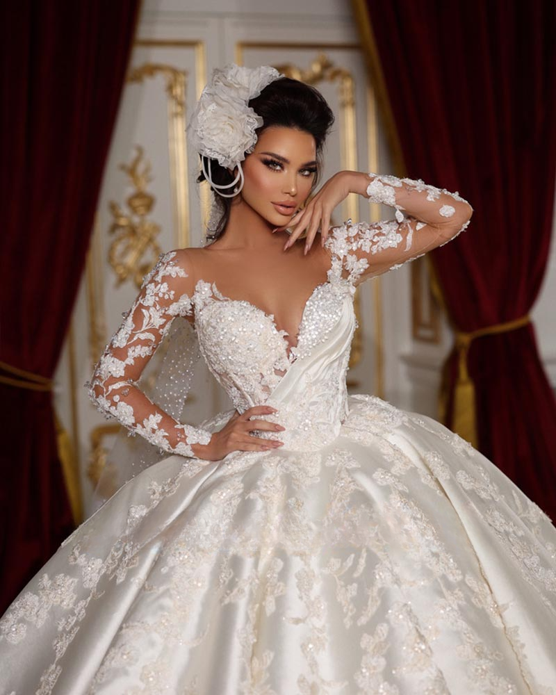 Romantic Ball Gown Wedding Dresses 2024 Sweetheart with Lace Appliques Beaded Bridal Dress Detachable Sleeve Tulle vestidos de novia 05