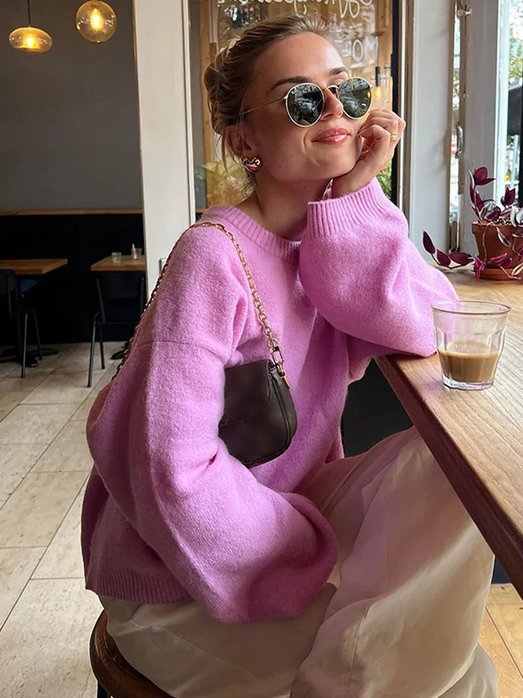 Casual Rose Pink Womens Oneck Knitted Floral Fashion Long Lantern Sleeve Loose Solid Sweater 2024 Basic Daily Jumper 241211